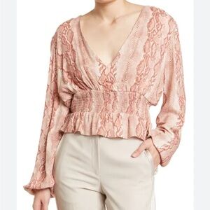 AFRM The Olive Long Sleeve Smocked Crop Top in Soft Warm Snake